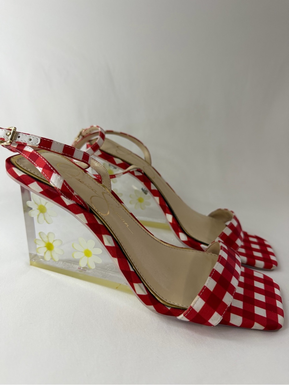 Jessica Simpson Red and White Gingham Plaid Daisy Wedges